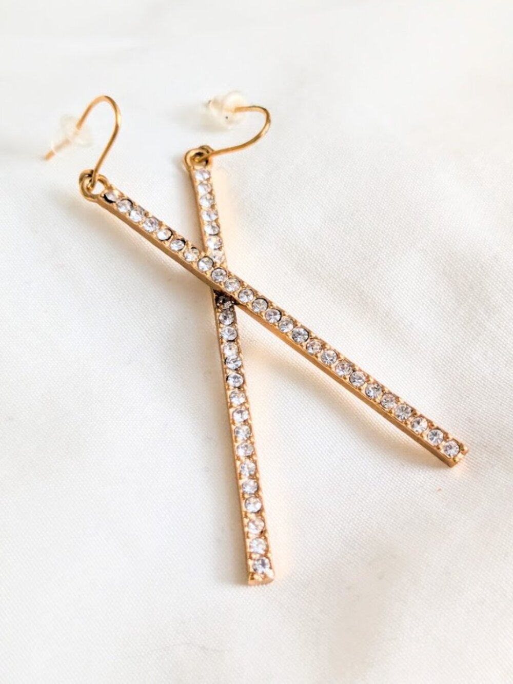 Dauplaise Gold Bar Pave White Crystal Rhinestone Linear Stiletto Drop Earrings